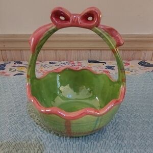 Green and Pink Ceramic Ribbon Basket - Home Accents